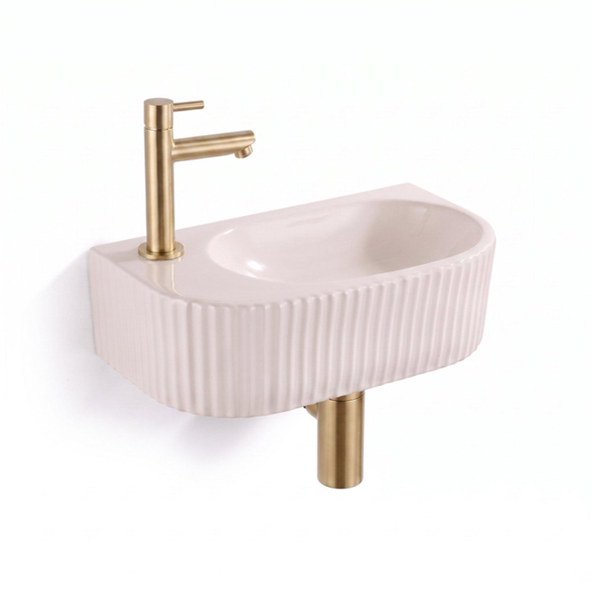 QeramiQ Fuente fonteinset – halfrond – 40x22x12 cm – kraangat links – geborsteld messing kraan – geribbeld