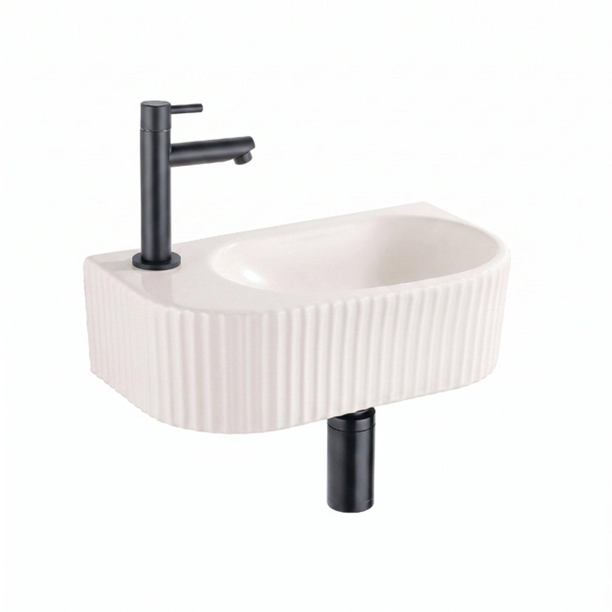 QeramiQ Fuente fonteinset – halfrond – 40x22x12 cm – kraangat links – mat zwarte kraan – geribbeld