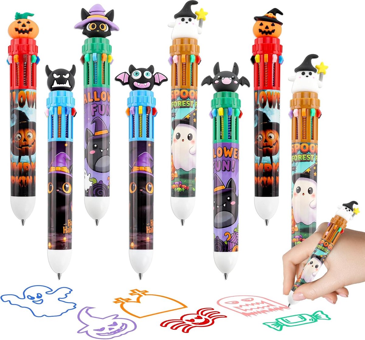 8 stuks Halloween pennen veelkleurige balpennen - Mitgebsel, 10 kleuren in één pen, 3D-figuren, kleurverandering door - ShopVlot