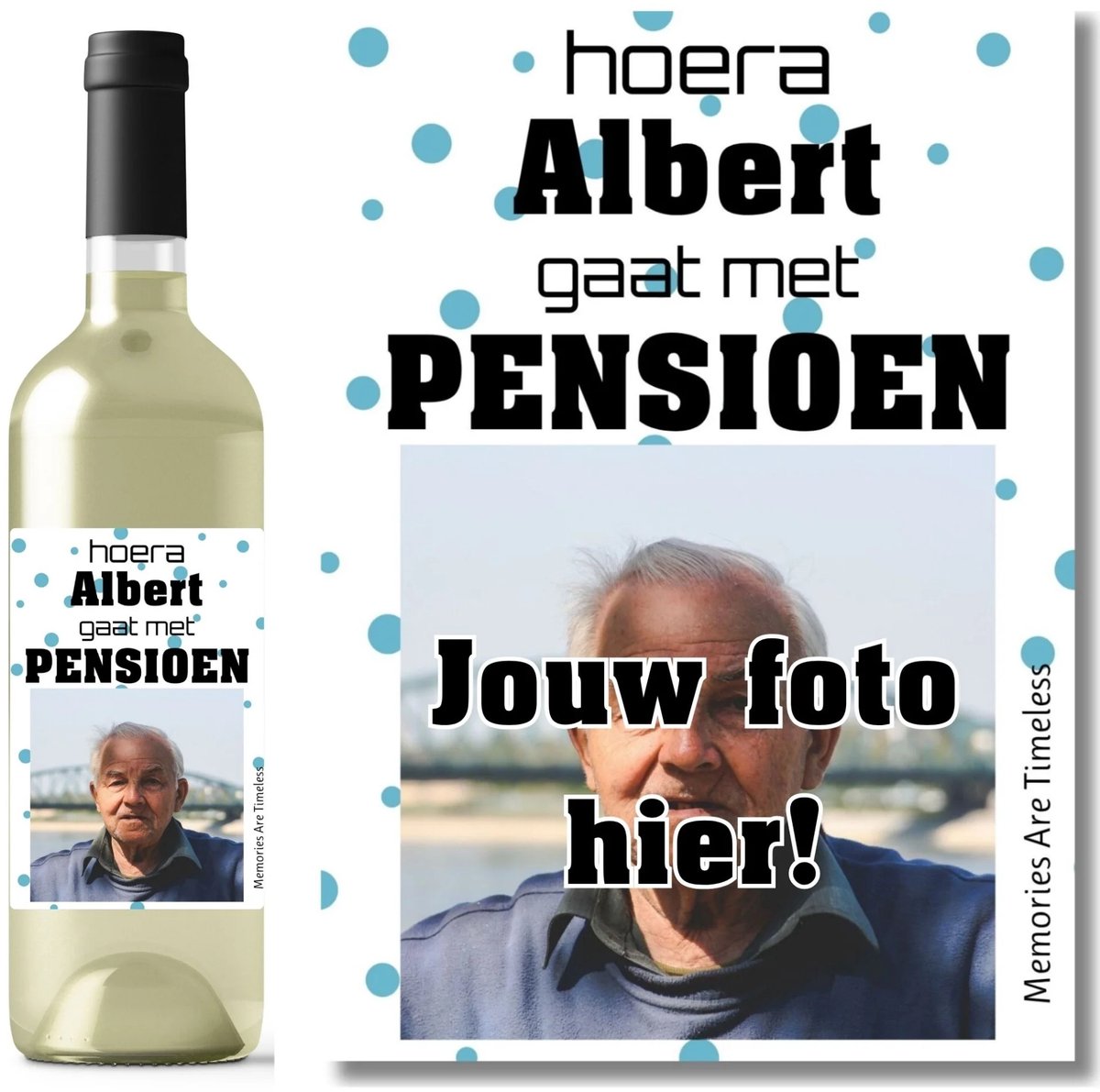 Gepersonaliseerd Wijnetiket Pensioen met Foto en Naam | Afscheidscadeau Collega | Memories Are Timeless