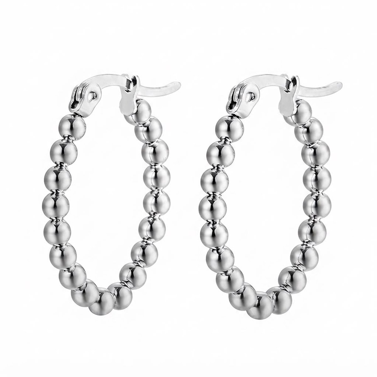 Zilverkleurige Oorringen Dames – Ovale Oorbellen met Bolletjes – 316L Chirurgisch Staal – 25 x 17 mm – Dames Oorbellen