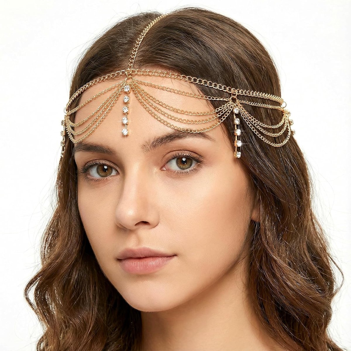 Xindojuz Gold Headgear, Boho Sequins Gold Headchain Rhinestone Headpiece Hair Jewelry Necklaces, Festival Costume - ShopVlot