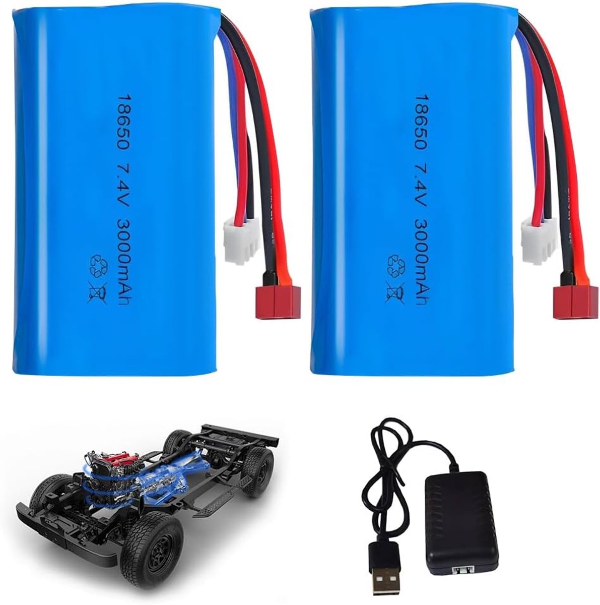 Li-ion Battery, 7.4 V, 2 Pieces, 3000 mAh Rechargeable Lithium Ion Battery with Deans T Plug and XH-3P Charger, RC - ShopVlot