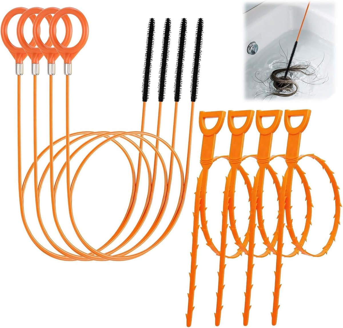 Spiraalafvoerpluggen Set van 8 - 4 x 80 cm en 4 x 50 cm - Flexibele staven met micro-haak - ShopVlot
