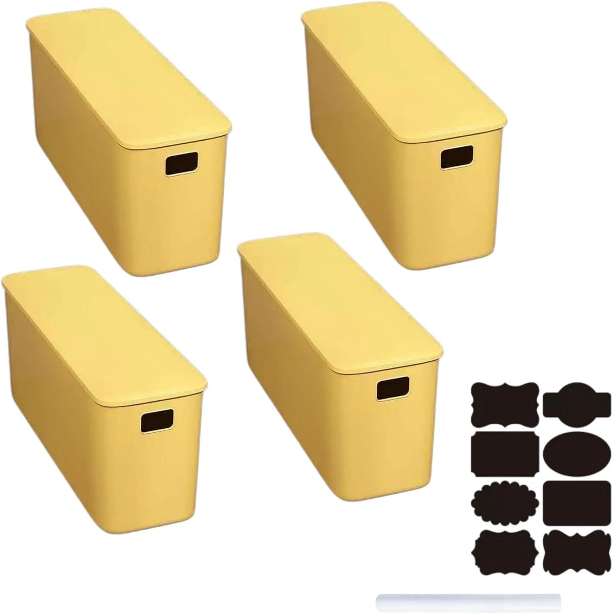 Set van 4 Opbergdozen met Deksel, Stapelbare Plastic Opbergdozen voor Keuken en Badkamer, Geel, 37 x 13 x 15 cm, Ideaal voor Organisatie en Ruimtebesparing