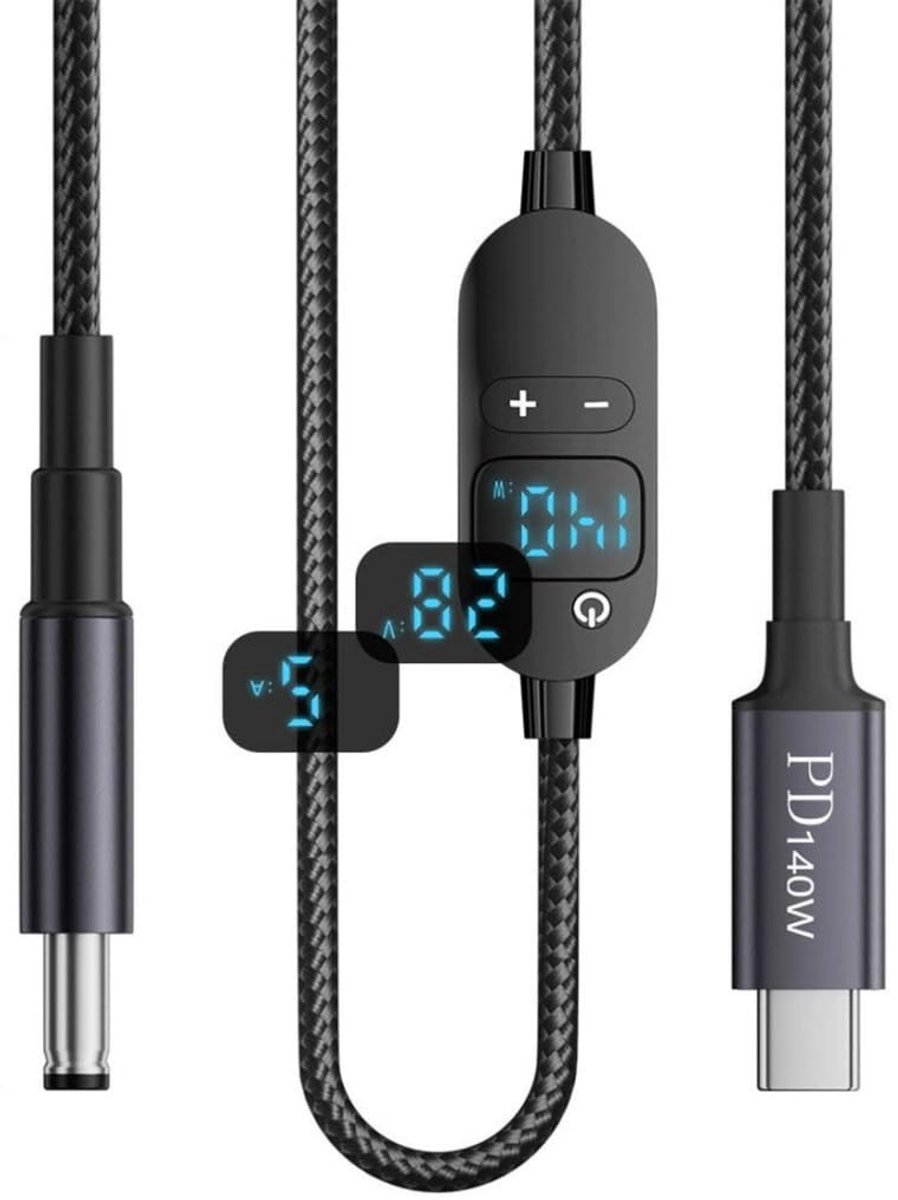 USB C naar DC 5,5 x 2,5 mm snellaadkabel 140W - digitaal display - 6 spanningen - real-time laadmonitor - ShopVlot
