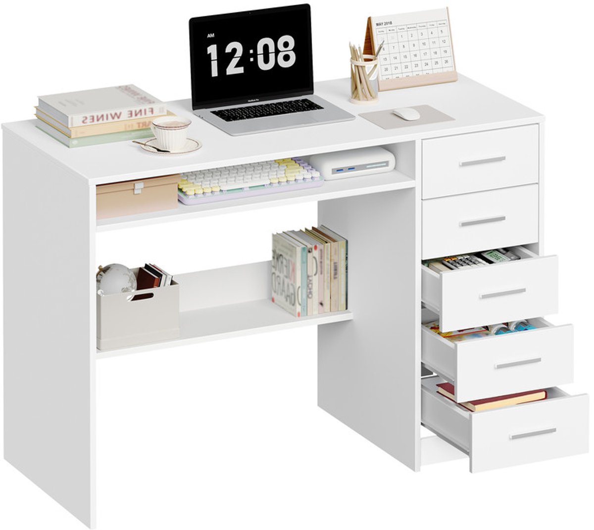 HILINSIE Computertafel met 5 laden, bureau-bureau, moderne tafel met legplank, voor werkkamer, kantoor, slaapkamer, 50 x 108 x 75 cm, wit