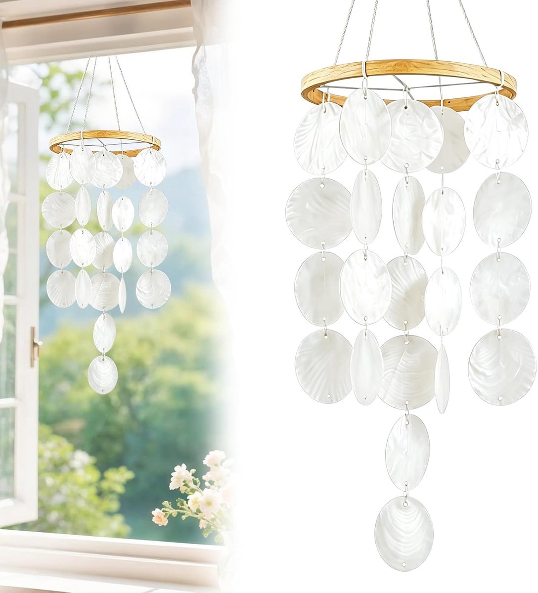 Windgong schelp 70 cm windgong voor buiten hangend lengte wit boho decoratie Capiz windspies windgong balkon tuin voor - ShopVlot