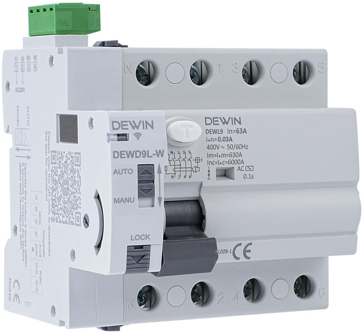 DEWIN WiFi remote controlled locking device 4P-63A-30mA 400VAC DEWD9L-W automatic leak switch - ShopVlot