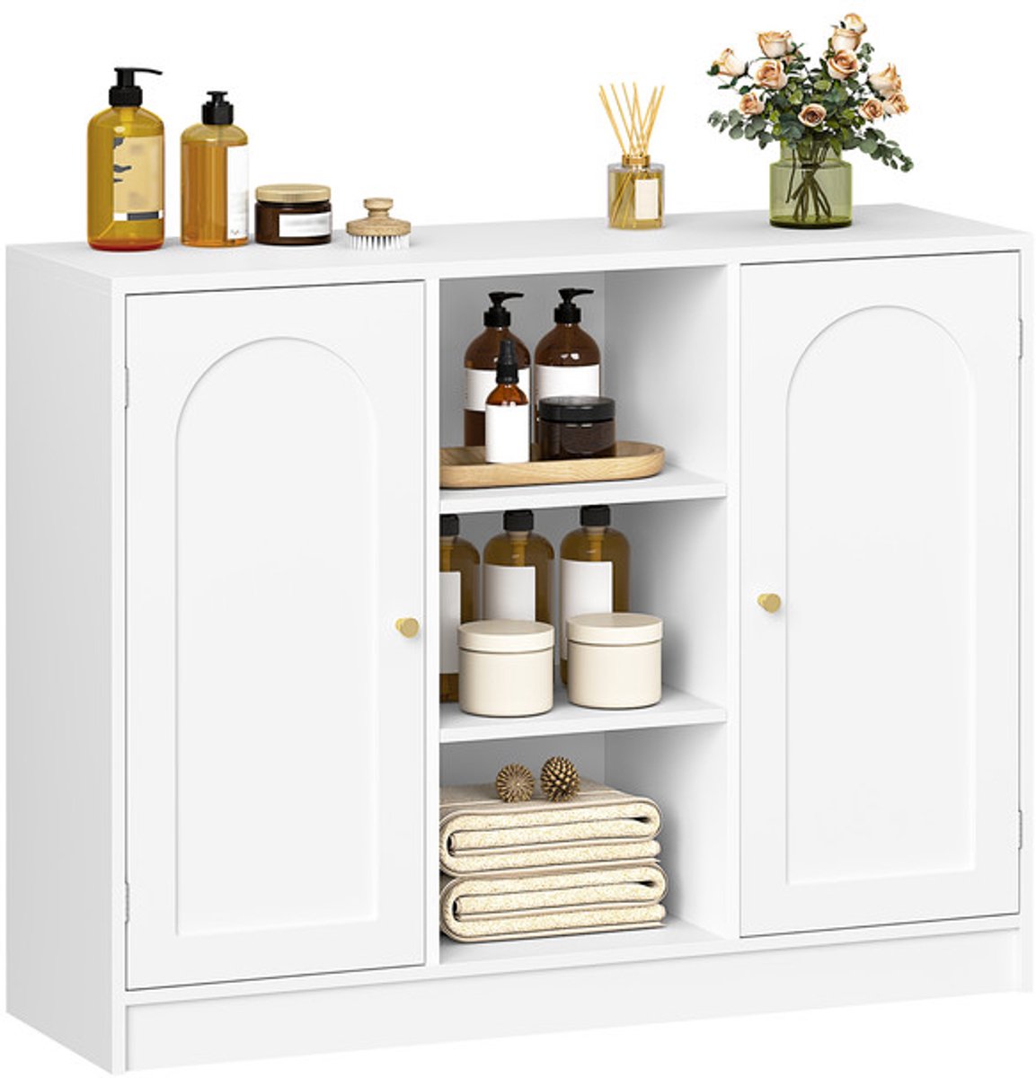 Hzuaneri Badkamerkast, badkamerkast, keukenkast, opbergkast, sideboard met 3 open opbergvakken, verstelbare plank, badkamer, keuken, 30 x 100 x 81,5 cm, wit