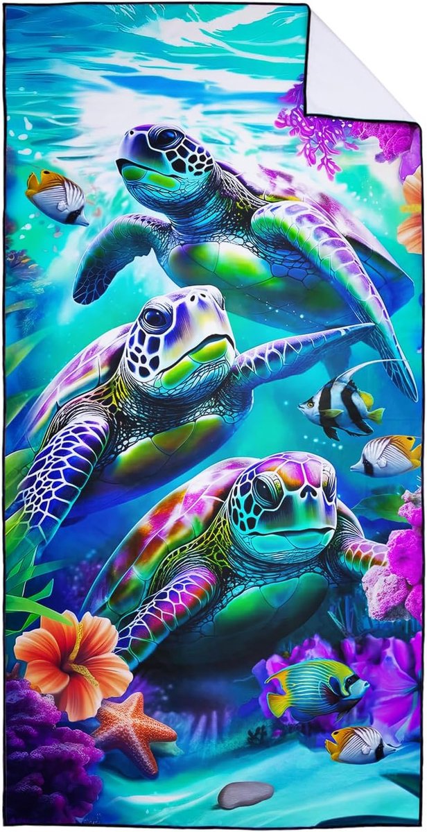 Microfibre Large Beach Towel, 90 x 180 cm, Quick Dry and Compact Towel, Beach Towel, Colourful Sea Turtle Pattern - ShopVlot