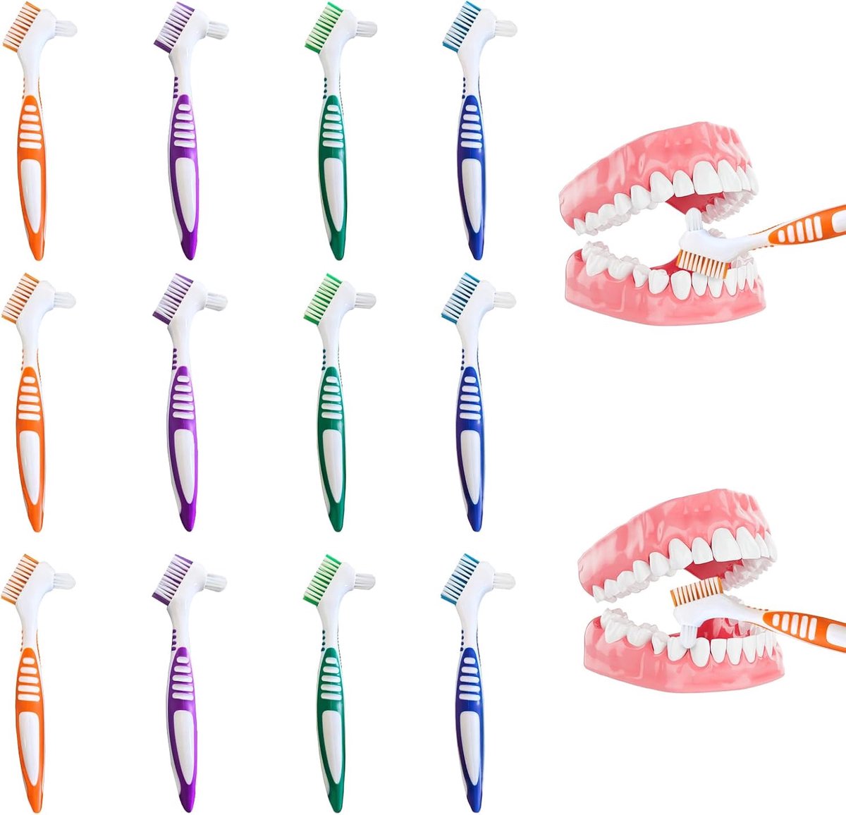 12 Pcs Denture Toothbrush Toothbrush with Double-Sided Hard Multilayer Brushes, Ergonomic Non-Slip Handle, 4 Colour - ShopVlot