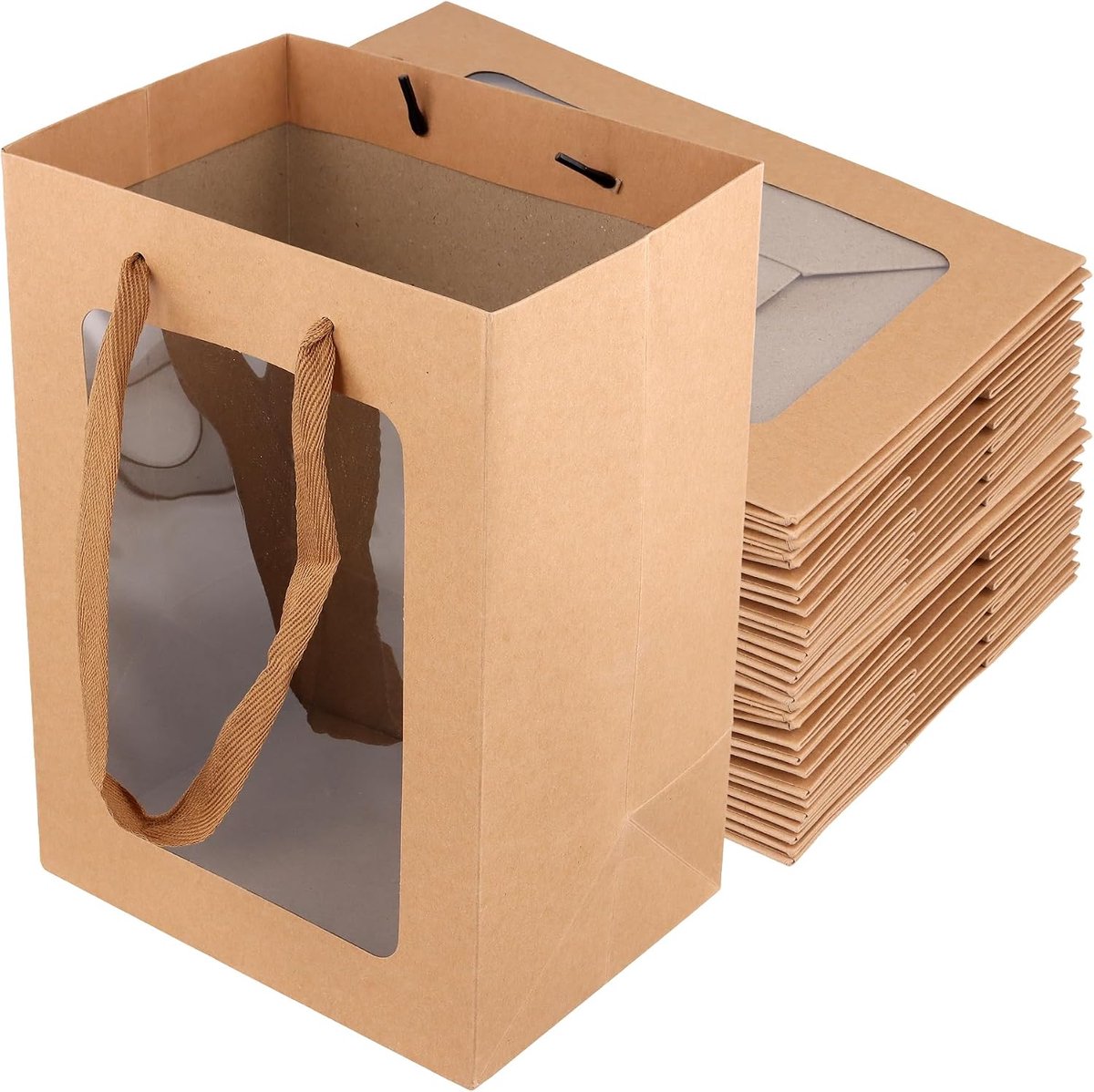 JIEHIN 30 stuks kleine cadeauzakjes van papier met venster, 25 x 18 x 13 cm, kraftpapier, cadeauzakjes met handvat - ShopVlot