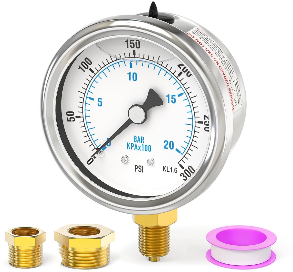 0-20 bar/0-300 psi stainless steel 1/8" BSP 2.5" FACE DIAL liquid filled pressure gauge, bottom mounted with 3/8" x - ShopVlot