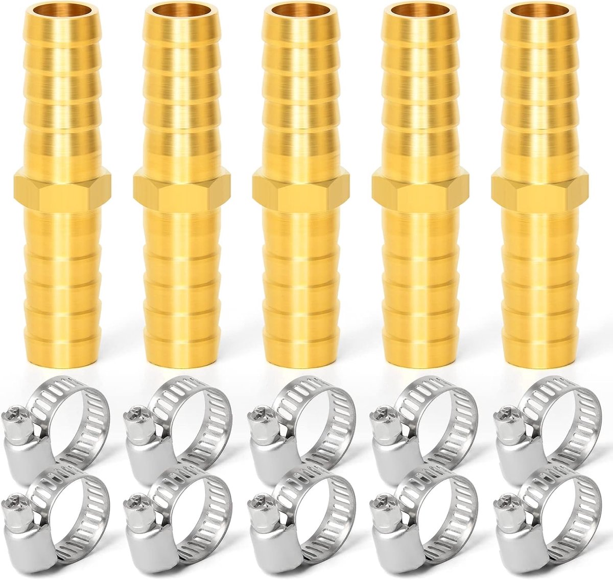 5 Pieces 8mm Brass Hose Connector, 2 Way Straight Hose Fitting with 10 Pieces Clamps - ShopVlot