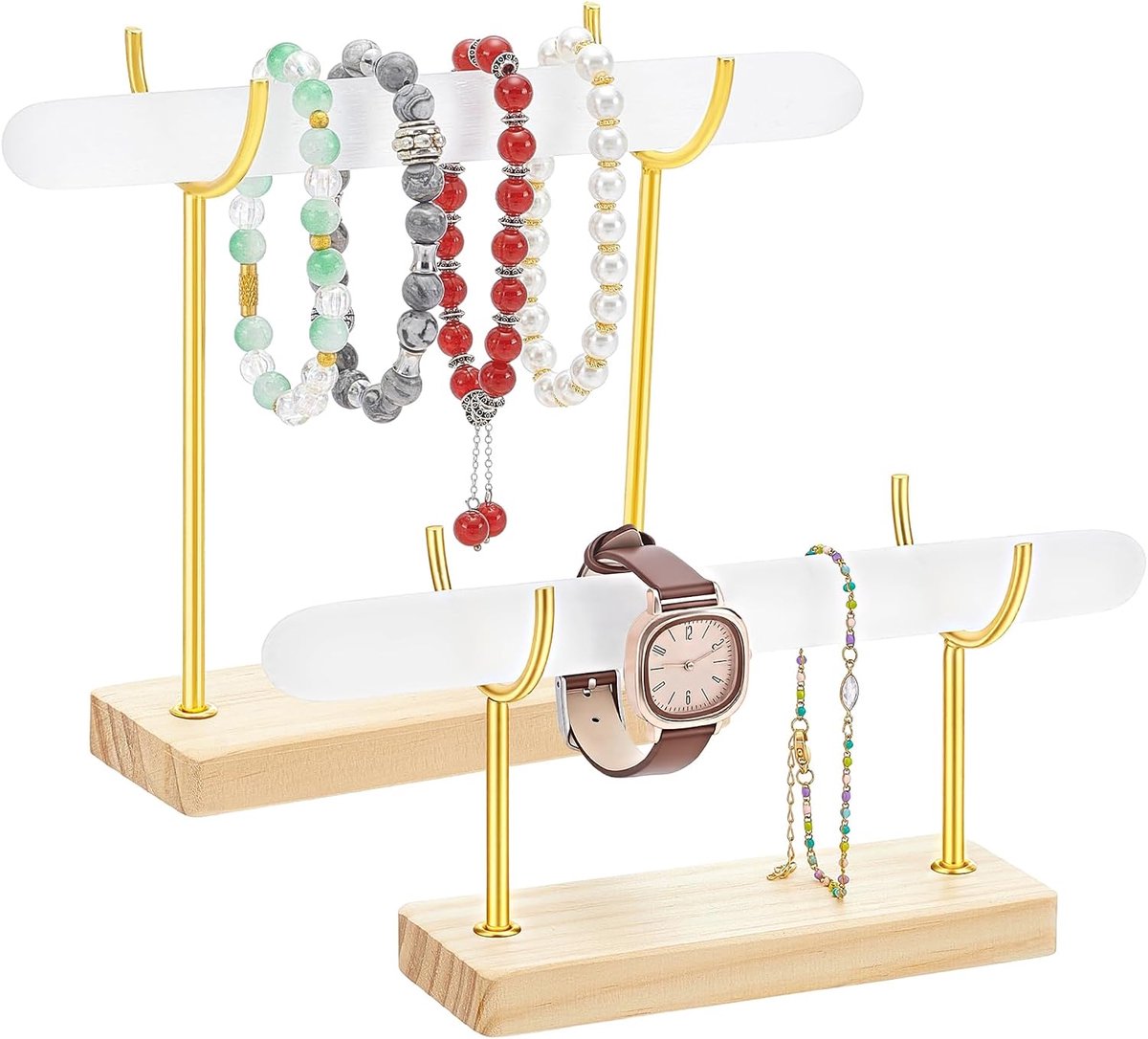 2 Stks Seleniet Armband Houder Display Stand, Afneembare Sieraden Opslag Organizer met Houten Base, Crystal Armband - ShopVlot