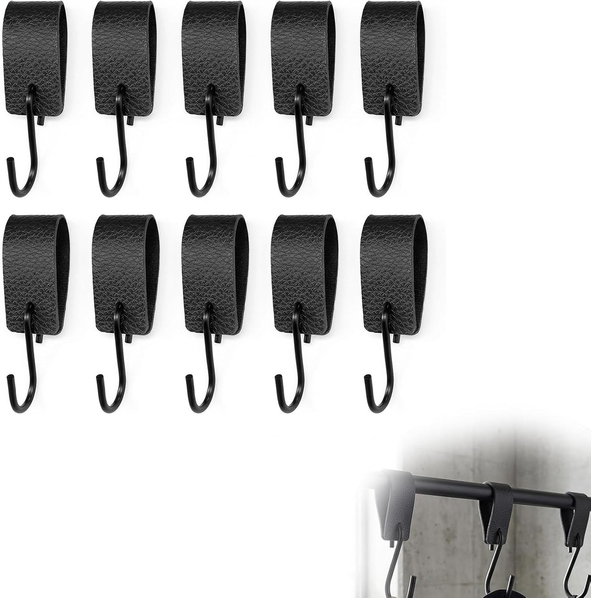 Zolara 10 stuks S-haken zwart met leren lus, haken om op te hangen, kapstokhaken, kledinghaken, metalen haken, voor - ShopVlot