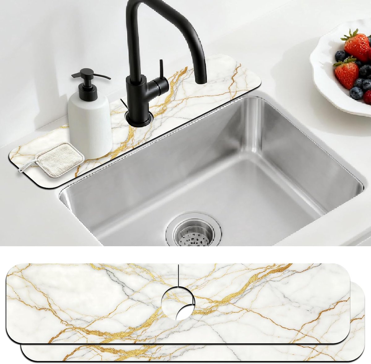 2 Stks Aanrecht Splash Guard Kraan Mat Wit Marmeren Kraan Mat voor Gootstenen Marmeren Textuur Absorberende - ShopVlot