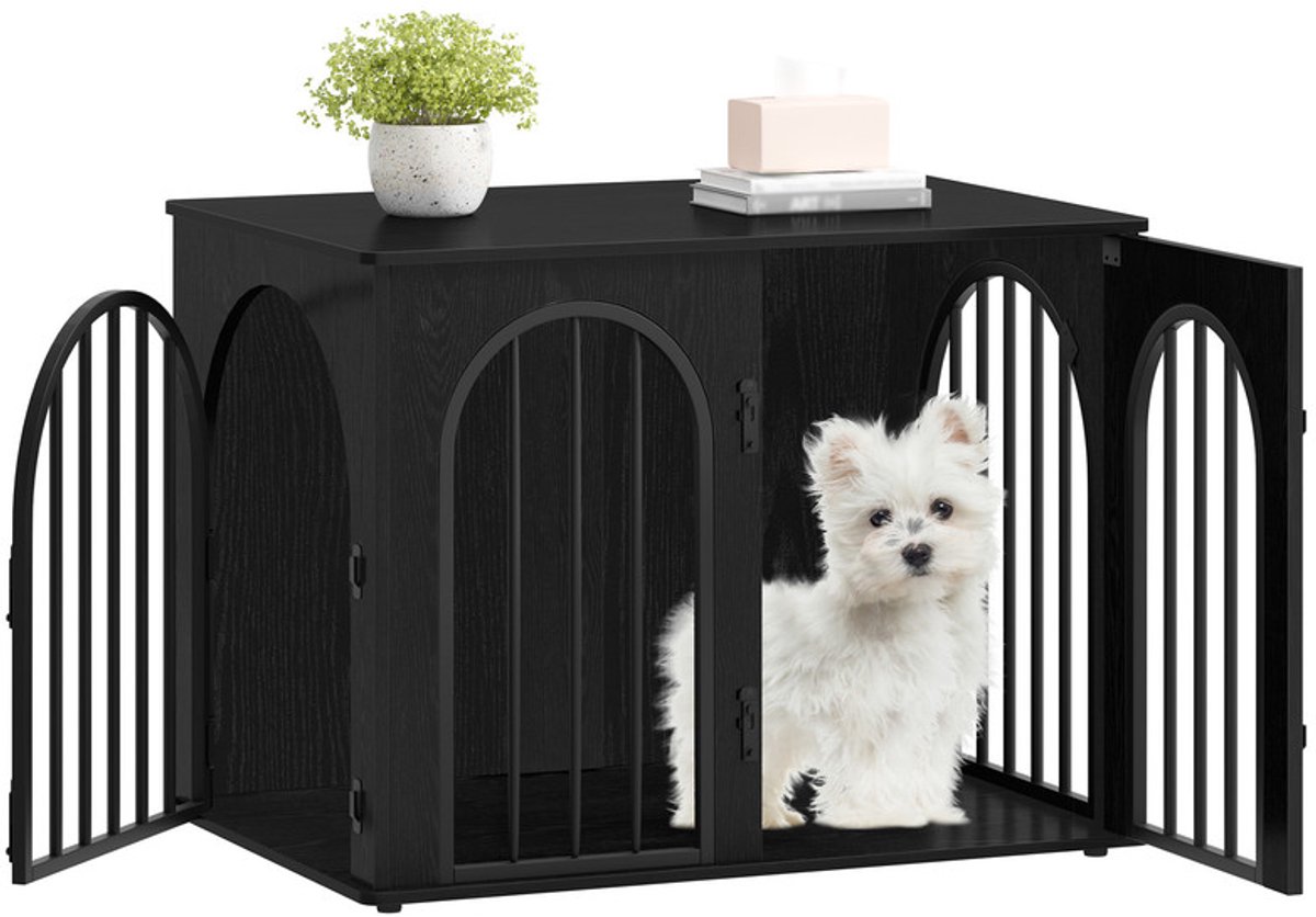 Hzuaneri Hondenbench, meubel, 80 cm, hondenbox voor thuis, 3 deuren, boogdeur, moderne hondenbox voor binnen en buiten, bijzettafel, hoogbelastbaar, 80 x 56 x 61 cm, Zwart