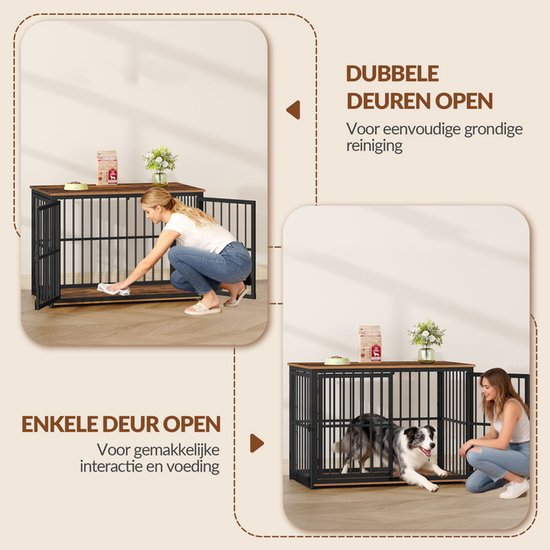 Afbeeldingen van een hondenbench in gebruik, schoonmaken met dubbele deuren open en voeren met enkele deur open.
