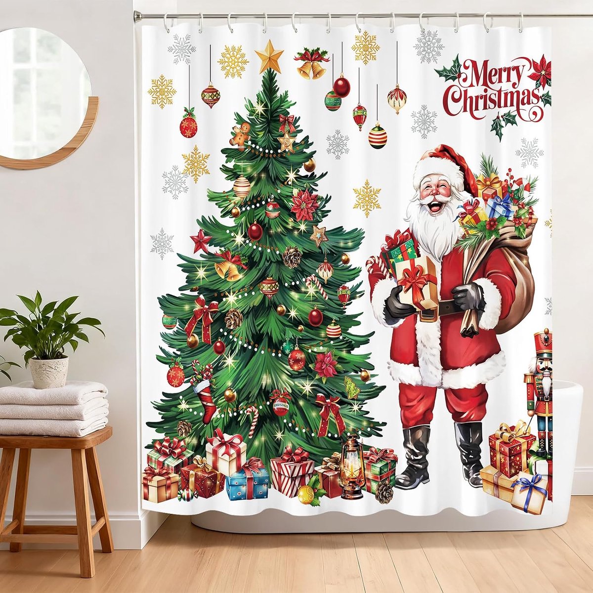 Kerstman douchegordijn 180 x 180 cm sneeuwvlok soldaat en geschenk kerstboom douchegordijn voor badkamer decor - ShopVlot