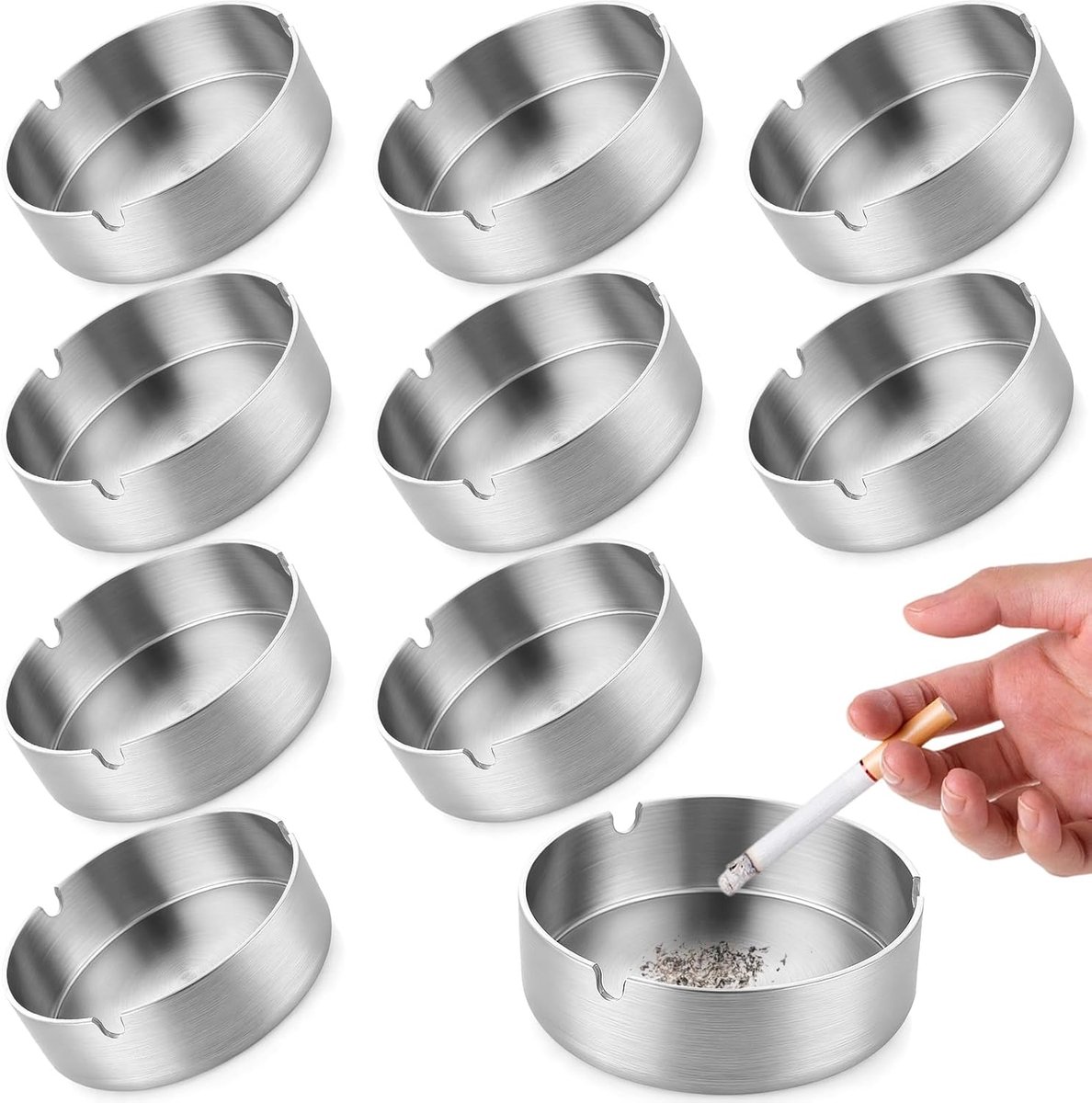 10 Pcs Round Stainless Steel Ashtray, Portable Cigarette Ashtray for Outdoor and Indoor, Metal Ashtrays with a - ShopVlot