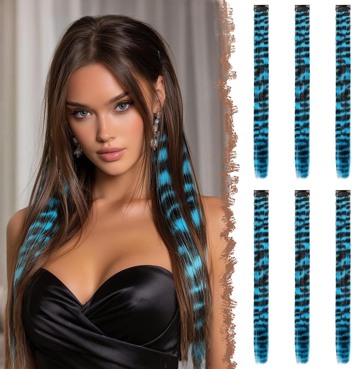 FESHFEN Clip in Extensions Leopard Blue Colored Hairpiece for Girls - ShopVlot