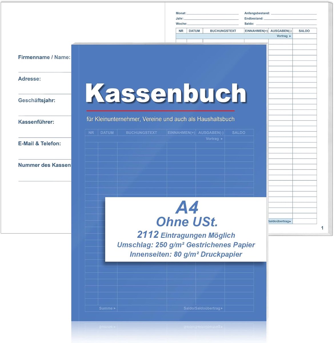 SnelShoppen - Kasboek A4 voor Kleine Ondernemers - Meer dan 2100 Invoeren - 32 Bladen - Zonder BTW - Blauw - Ideaal voor Verenigingen en Huishoudens