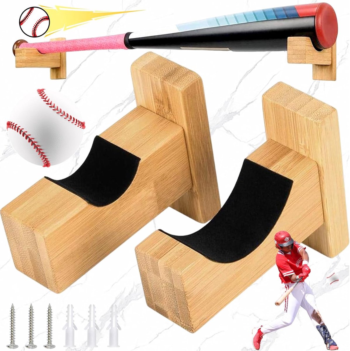 2 Pcs Baseball Bat Holder, Horizontal, Handmade Solid Wood Baseball Bat Holder with Felt Liner and Racket Wall Mount - ShopVlot