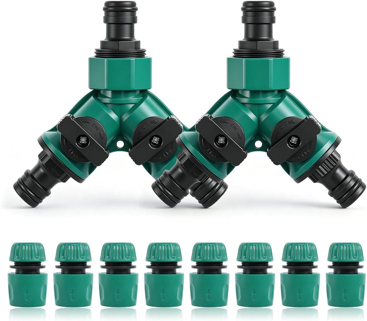 2 stuks 3/4 inch 2-weg waterverdeler met ventiel, 8 stuks 1/2 inch slangverbinders, kraanverdeler, Y-verdeler - ShopVlot