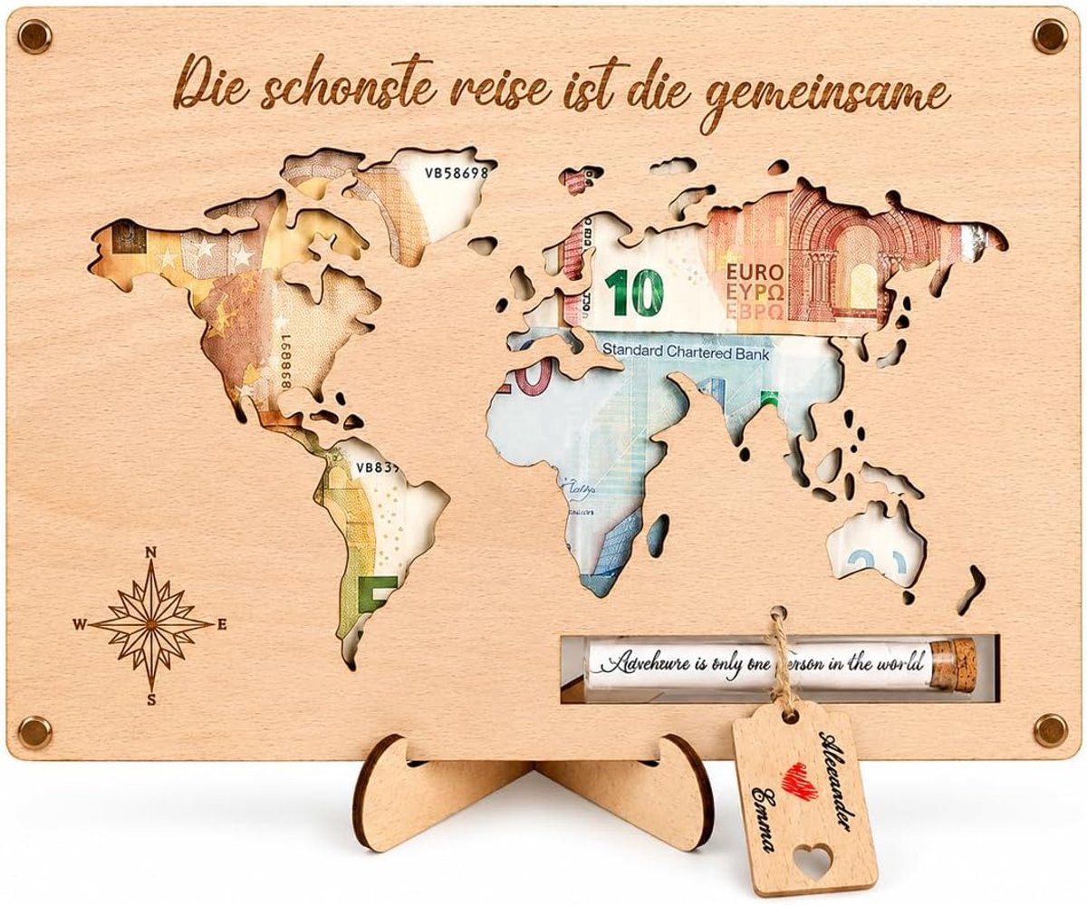 Geldcadeau Bruiloft Wereldkaart Hout - Huwelijksgeld Cadeau - Geweldig huwelijkscadeau voor pasgetrouwden - ShopVlot