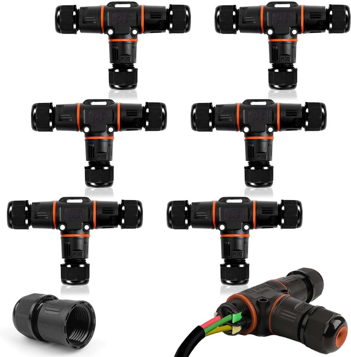 Pack of 6 Cable Connectors, Waterproof IP68, T-Shaped Distributor Box, Clamping Box, Cable Connector, Waterproof - ShopVlot