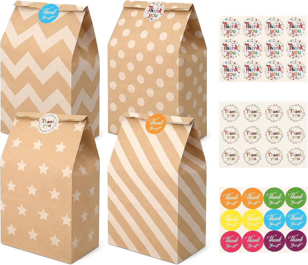 Papieren zakken voor kinderverjaardag, 20 stuks, bruine zakjes van papier met 24 stickers, 24 x 12,7 x 8 cm - ShopVlot