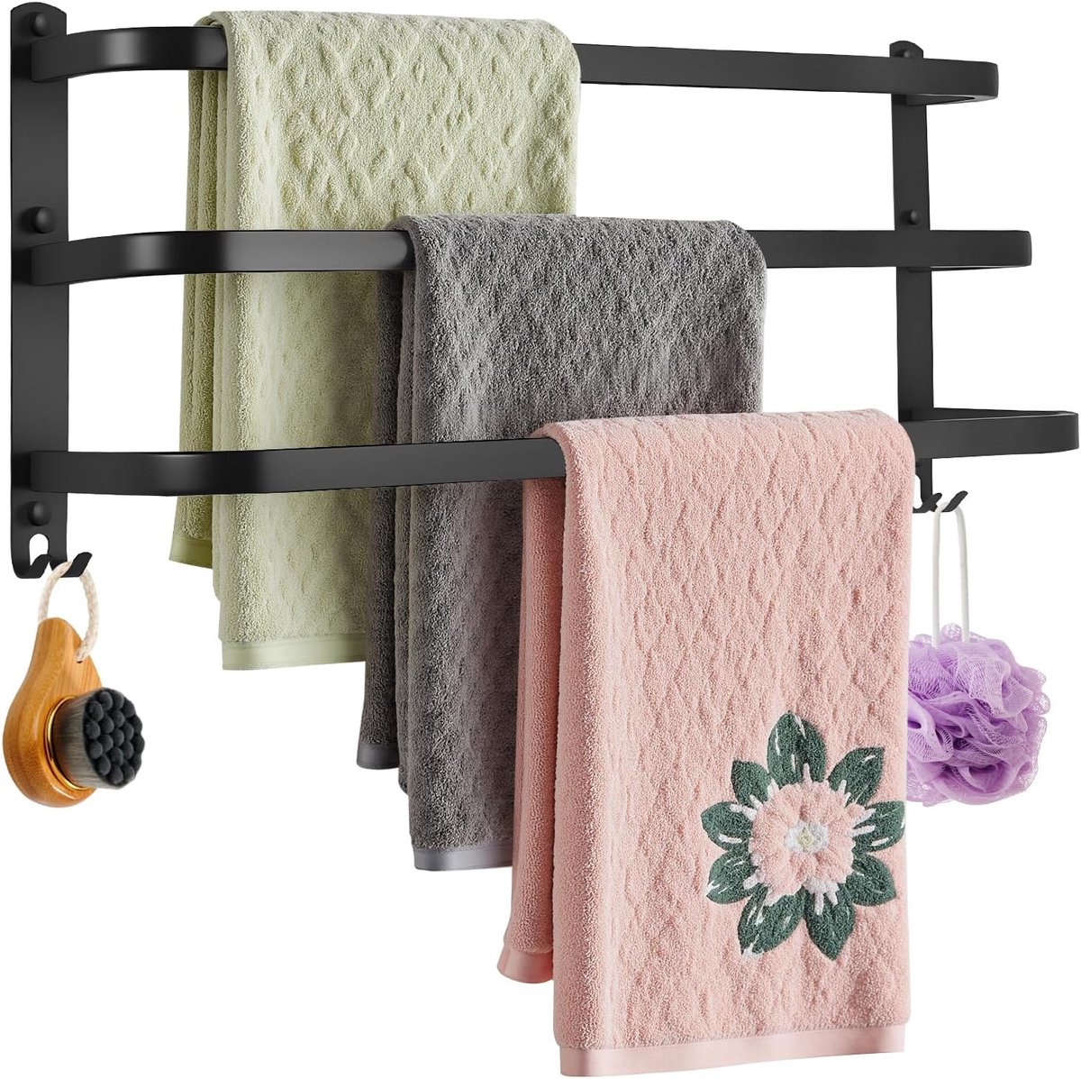 Towel Holder Without Drilling, Aluminium Towel Rack, 3 Levels, Towel Bar with Hooks, Waterproof, Rust Towel Rail for - ShopVlot