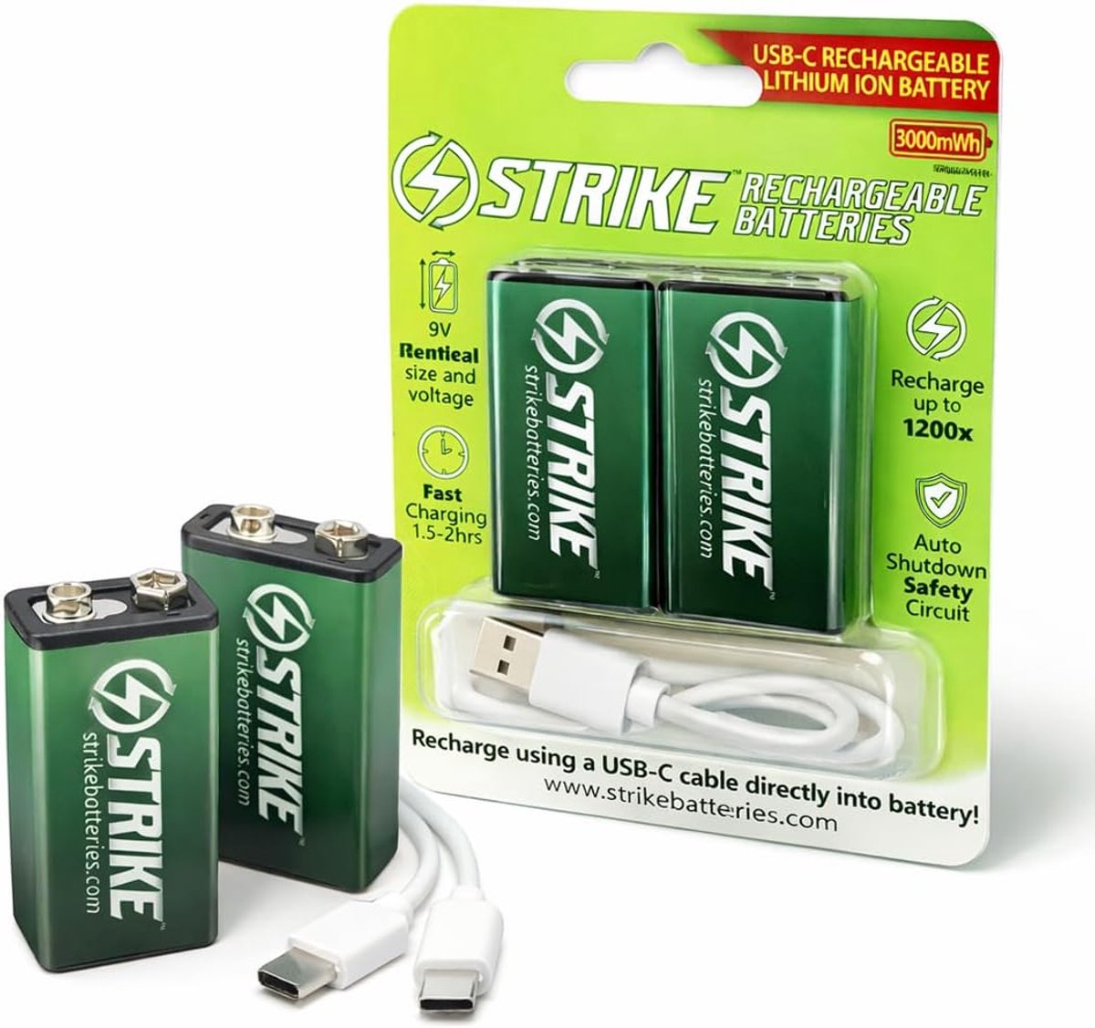 9V Battery Lithium Ion 2 Pack Smart LED 9V 3000mWh USB-C Rechargeable with Charging Cable, No Charging Box Required! - ShopVlot