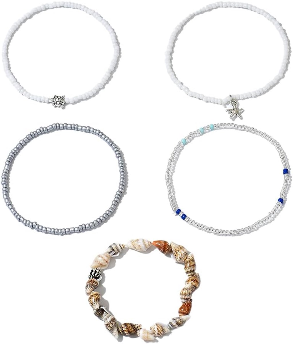 Enkelbandje dames 5 stuks - parels en schelp - meerlagig - perfect voor de zomer - ShopVlot