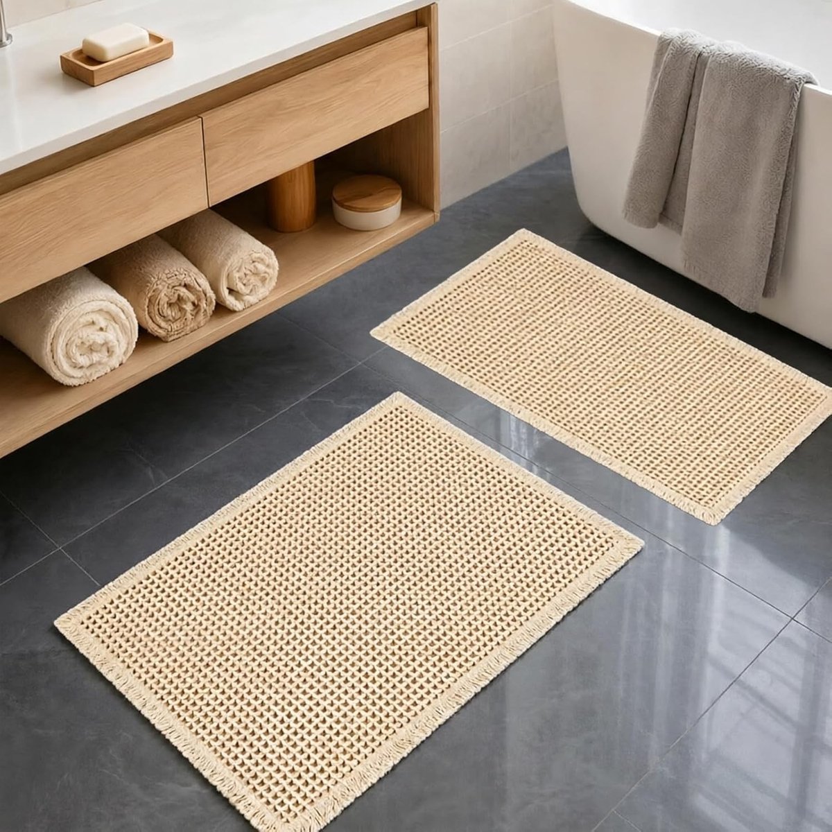 Set van 2 wasbare badkamertapijten, antislip, boho stijl, ideaal voor badkamer en keuken, 46 x 77 cm en 43 x 61 cm (crèmekleurig)