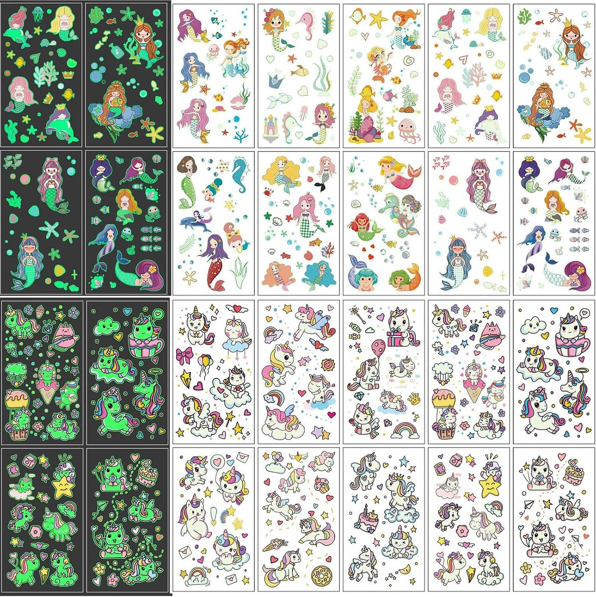 Tatoeagestickers kinderen - 20 vellen eenhoorn en zeemeermin - fluorescerend effect - perfect voor verjaardagsfeestjes - ShopVlot