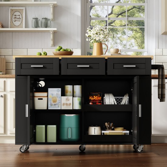 OKWISH Keukeneiland - Opklapbaar Werkblad en Stopcontacten - Verrijdbaar met 3 Laden en 2 Organizers - MDF Zwart Natuur - 120 x 45 tot 70 x 84 cm van okwish — afbeelding 3