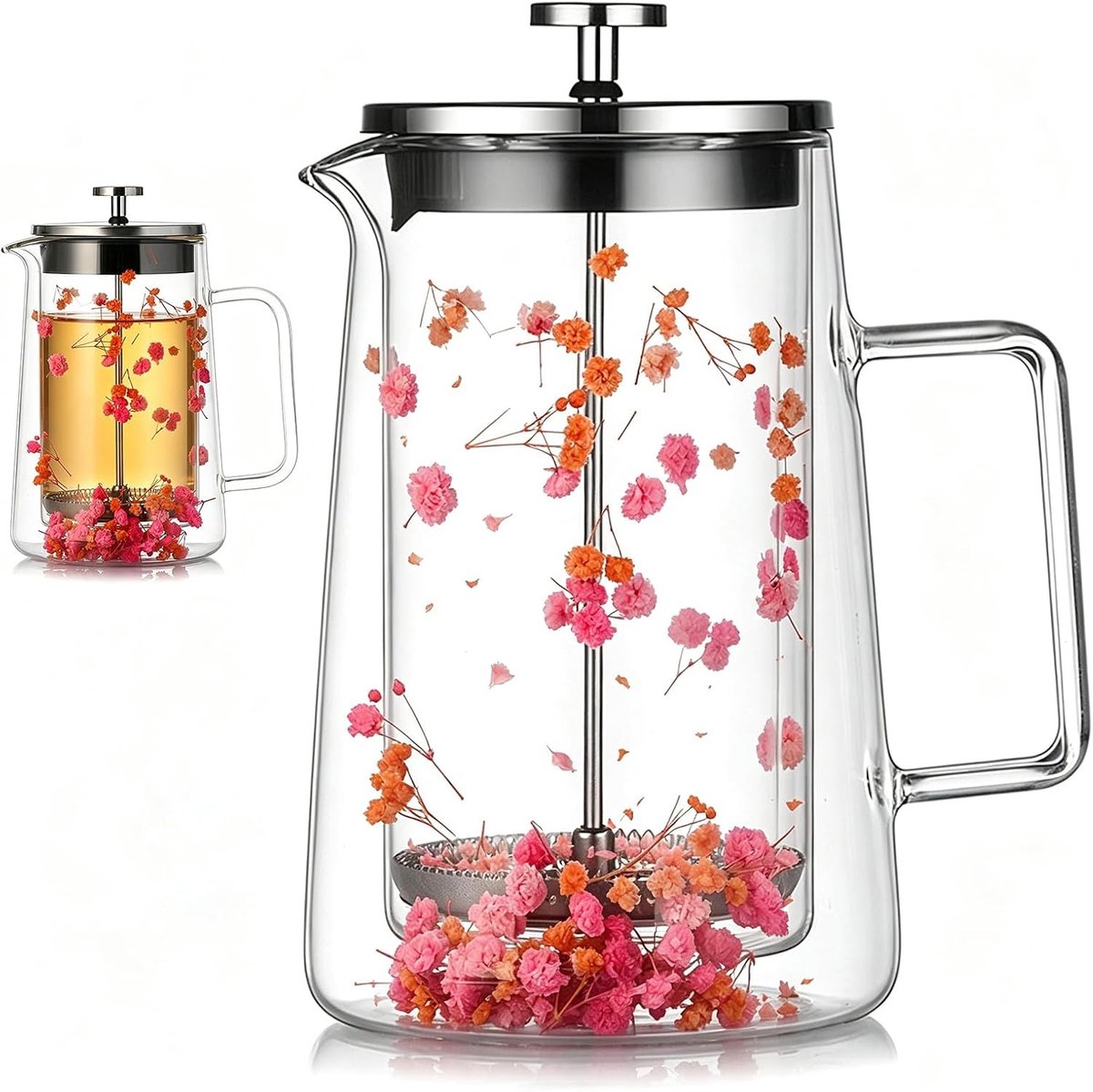 Koffiezetapparaat French Press 1 liter - Handmatige koffiepers van thermodubbelwandig glas, roestvrijstalen filter, hittebestendig en vaatwasmachinebestendig voor perfecte koffie en thee
