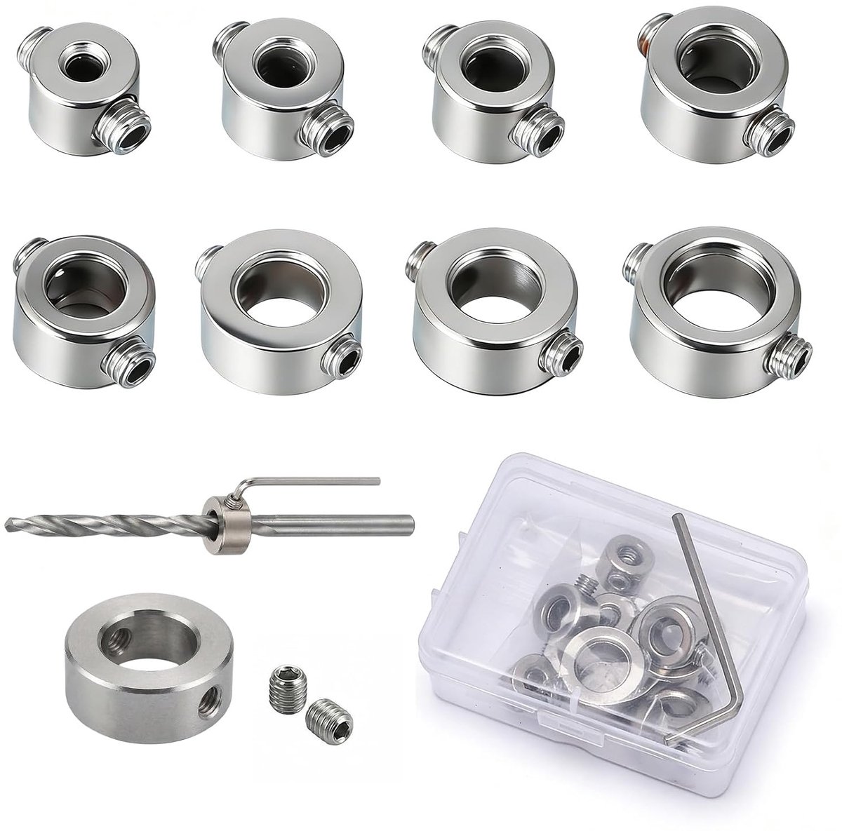 Set van 8 verstelbare dieptepositioners 3-10 mm - roestvrijstalen aanslagringen - nauwkeurige boordiepte controle - ShopVlot