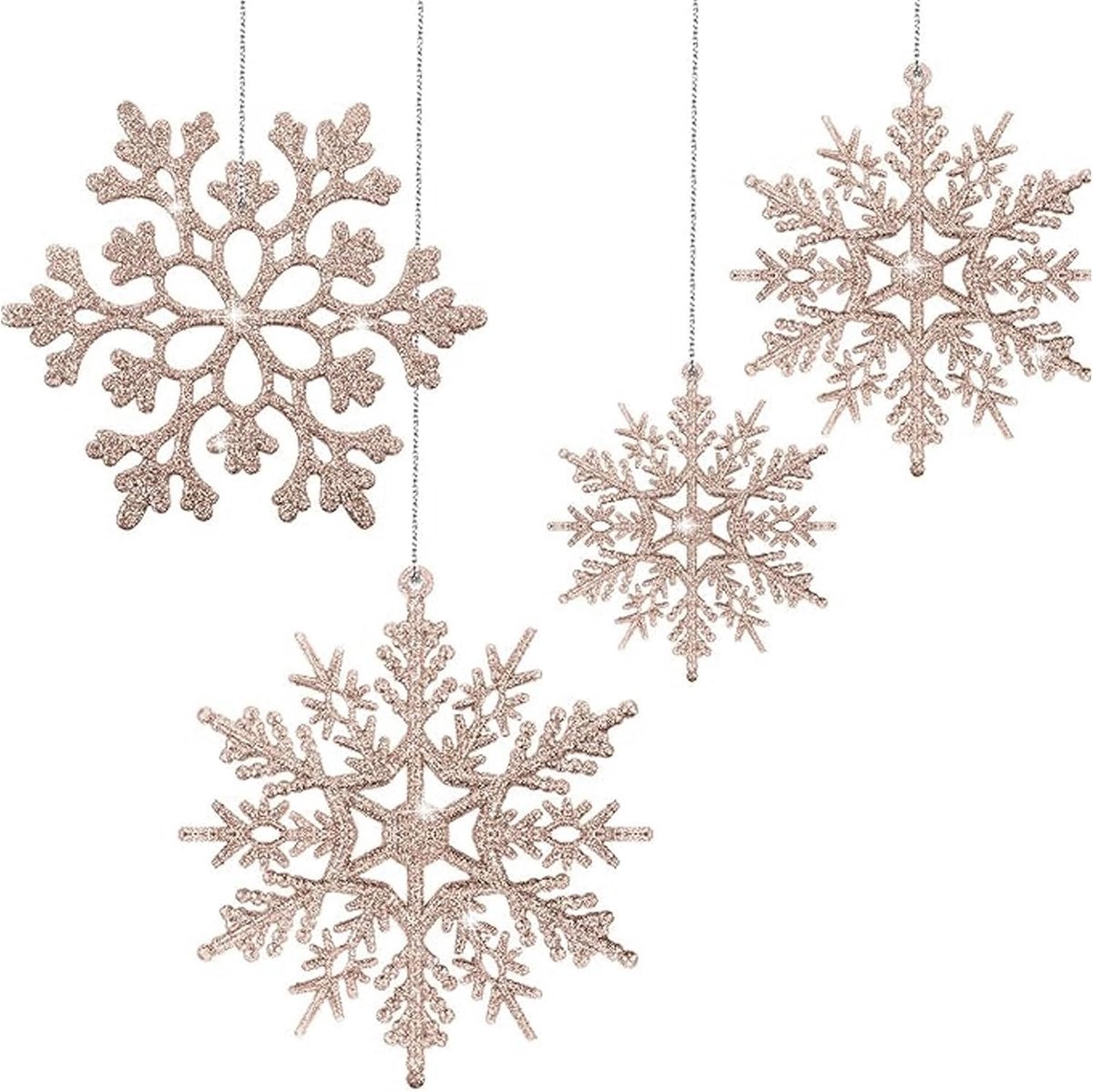 Sneeuwvlok decoratie 50 stuks - beige met glitters - hangdecoraties - voor kerstbomen en ramen - ShopVlot