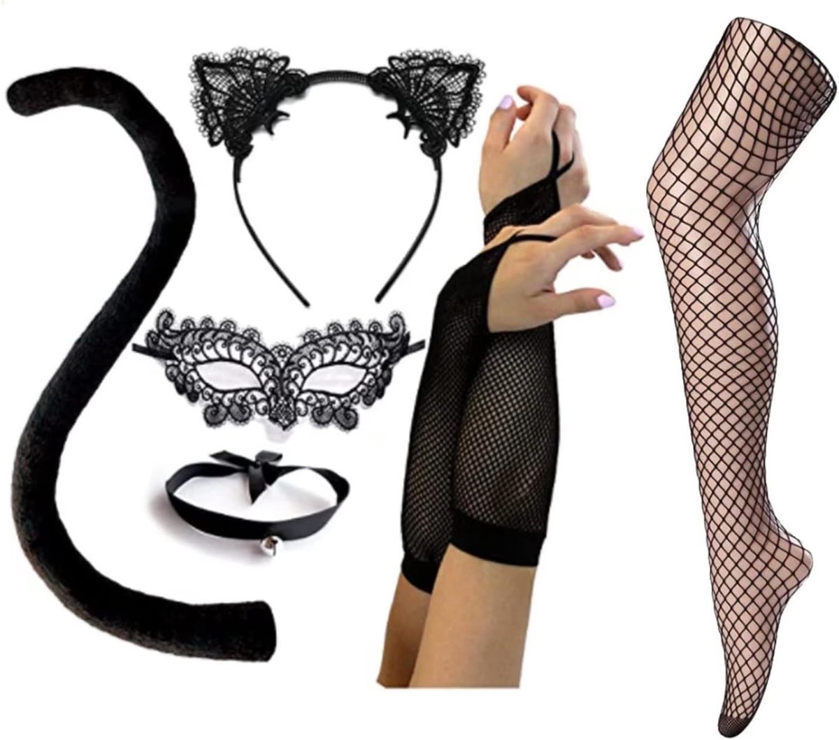 Cosplay Accessoires Set - Kattenmeisje Outfit - Oren Hoofdband, Kraag, Staart, Masker, Handschoenen - ShopVlot
