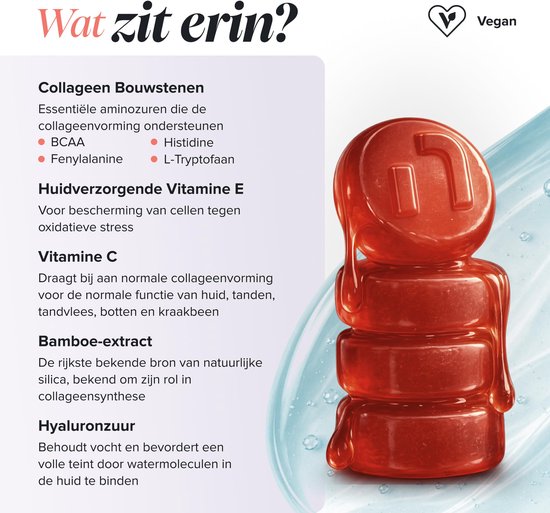 Stapel rode Novomins gummies, bedekt met stroperige substantie, met de tekst "Wat zit erin?".
