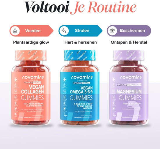 Drie flessen Novomins gummies: rode vegan collageen, blauwe omega-3 en paarse magnesium, met "Voeden", "Stralen" en "Beschermen".