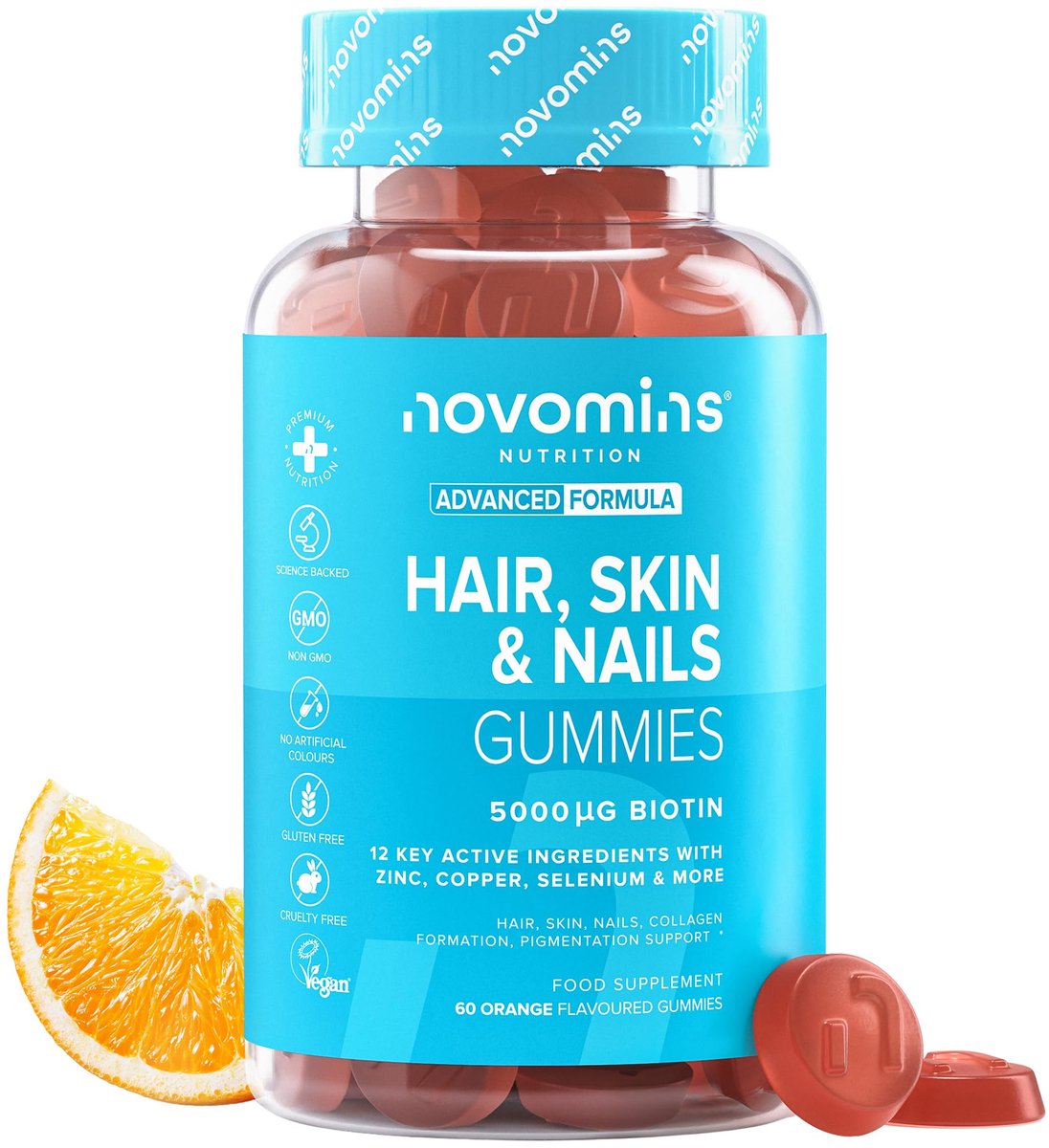 Novomins Haar Vitamines - Huid & Nagels - 60 Gummies - Sinaasappel