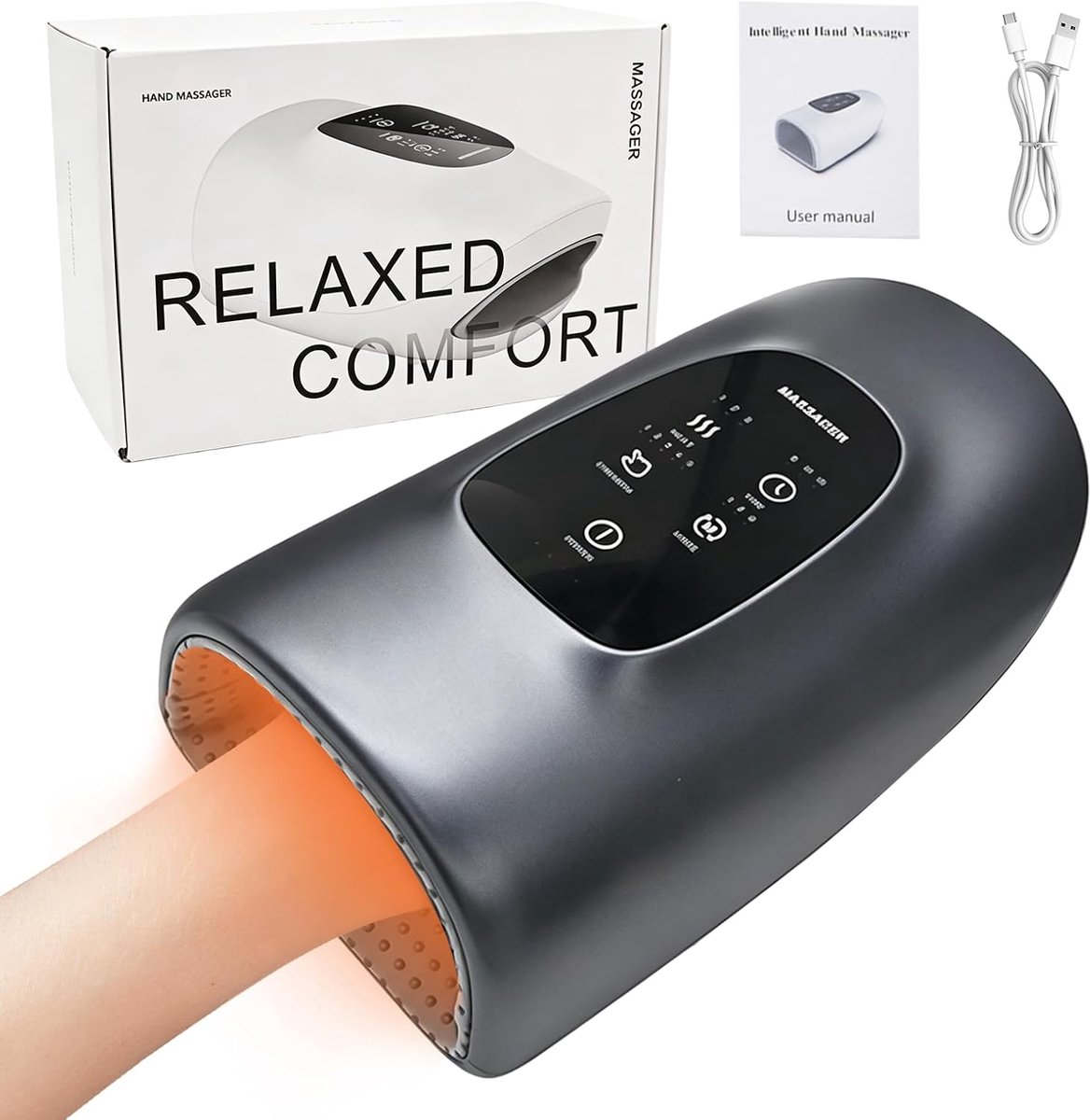 Thijox - Elektrisch Handmassageapparaat Draadloos met 3 Massagestanden, 3 Temperatuurinstellingen, 5 Drukniveaus, Vingermassageapparaat voor Ontspanni