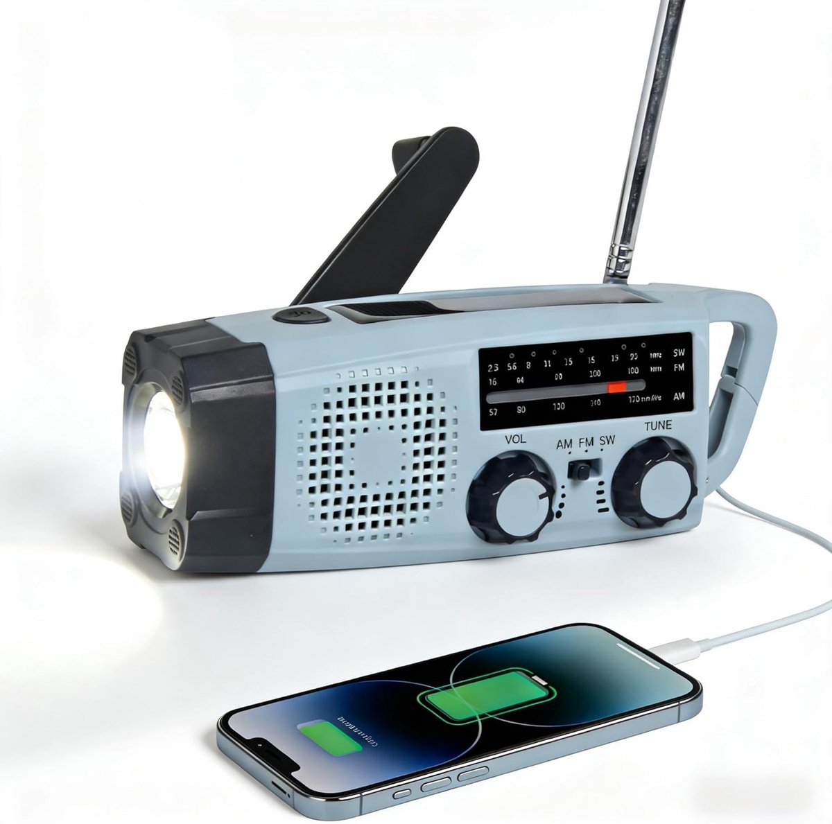 Thijox - Nood-zonne-radio, zelfwerkende zwengelradio met LED-zaklamp, SOS-alarm, AM/FM weer radio voor camping, noodsituaties, smartphone opladen en U