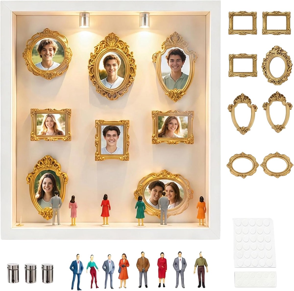SnelShoppen - Mini Museum Photo Frames 8 Stuks - Vintage Mini Fotolijsten in Gouden Barokstijl met LED Verlichting - DIY Decoratie voor Reizen, Liefde