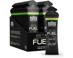 Science in Sport – SIS Beta Fuel + Electrolyte Gel – Raspberry & Lemon smaak – 1:0,8 Maltodextrine-Fructose verhouding – 40 gram koolhydraten + 200mg natrium per gel – 30 x 60ml